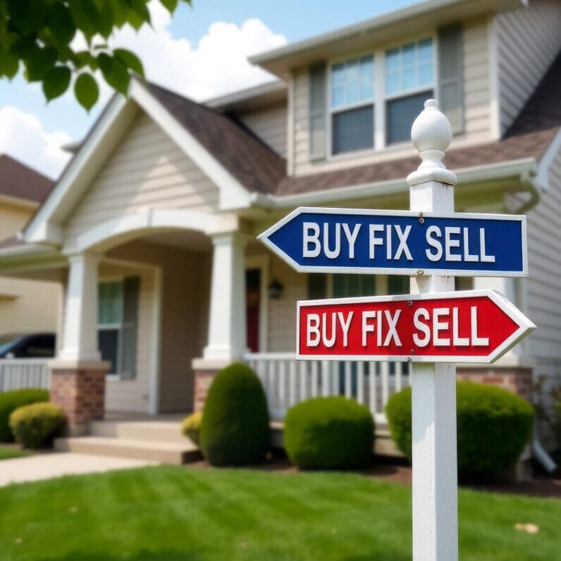 House with "Buy Fix Sell" signs outside.