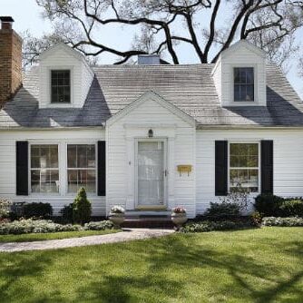 A white house with black shutters and a green lawn.