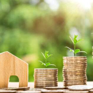 A wooden house sitting on top of stacks of coins.